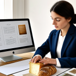 A professional graphic designer, fully clothed in a modest business suit, intently examining printed proofs of an elegant brochure for a Parisian art gallery. She is seated at a clean, modern desk in a well-lit design studio. On the large monitor behind her, a finely detailed, static logo for a traditional French artisan bakery is displayed. The desk also features a sample of sophisticated packaging for artisanal French cheese and a vintage typography guide. The scene emphasizes precision and static visual impact. Perfect anatomy, correct proportions, natural pose, well-formed hands, proper finger count, professional photography, high quality, safe for work, appropriate content, family-friendly.