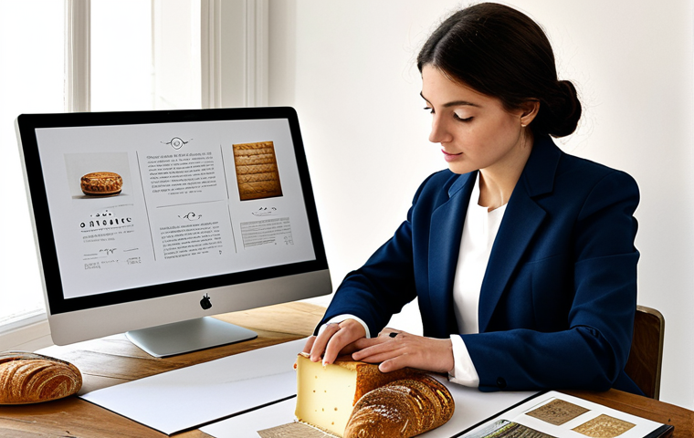 A professional graphic designer, fully clothed in a modest business suit, intently examining printed proofs of an elegant brochure for a Parisian art gallery. She is seated at a clean, modern desk in a well-lit design studio. On the large monitor behind her, a finely detailed, static logo for a traditional French artisan bakery is displayed. The desk also features a sample of sophisticated packaging for artisanal French cheese and a vintage typography guide. The scene emphasizes precision and static visual impact. Perfect anatomy, correct proportions, natural pose, well-formed hands, proper finger count, professional photography, high quality, safe for work, appropriate content, family-friendly.